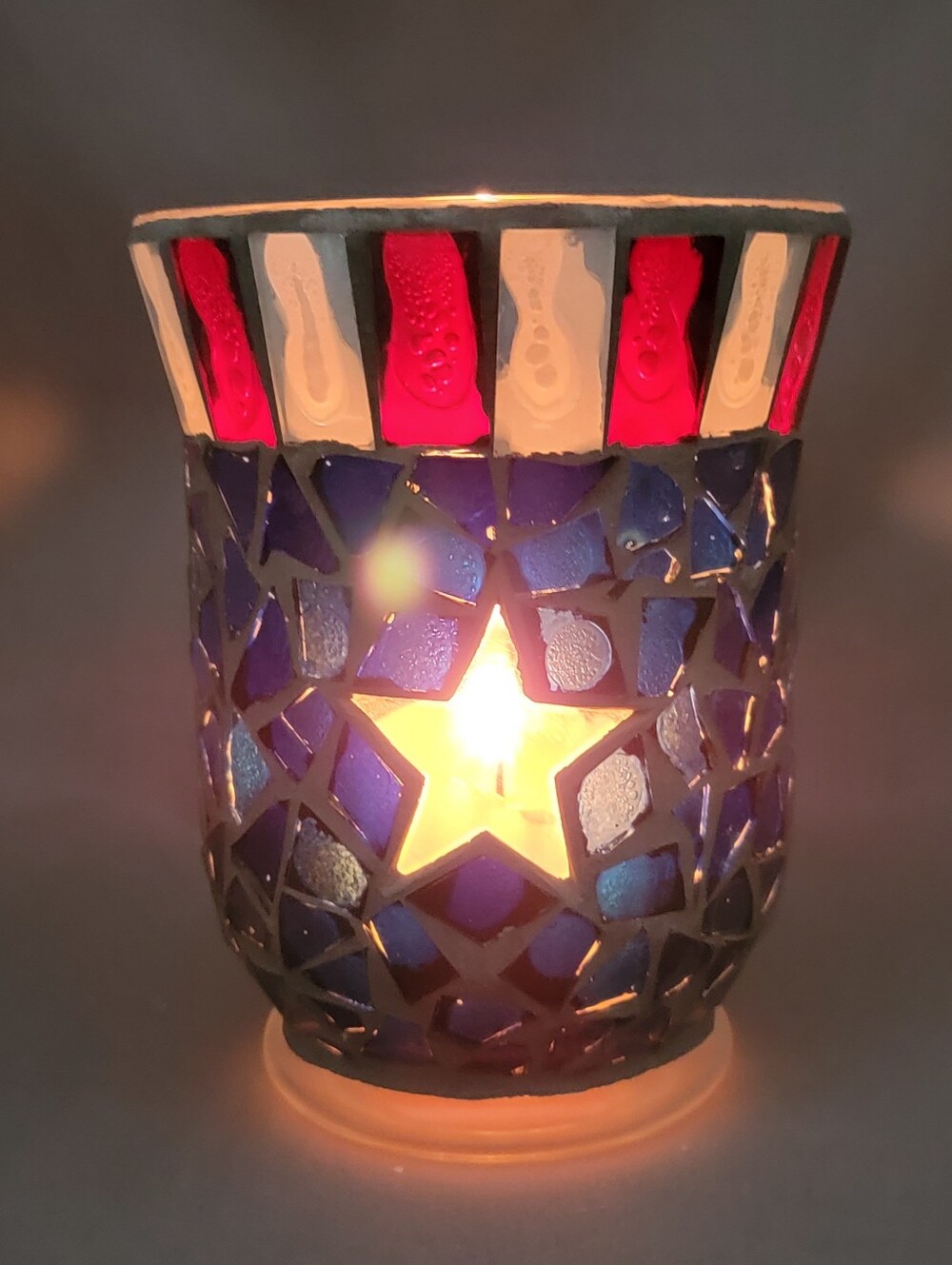 Americana Red White Blue Mosaic Glass Star Votive Candle Holder Table Decor - Picture 10 of 13